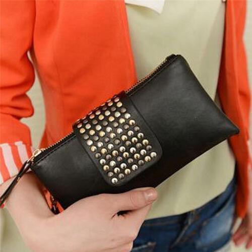 Womens Clutch Bag European And American Studded Black PU Soft Leather Mid-length Fashion Ladies Dinner With Double Zip Wallet