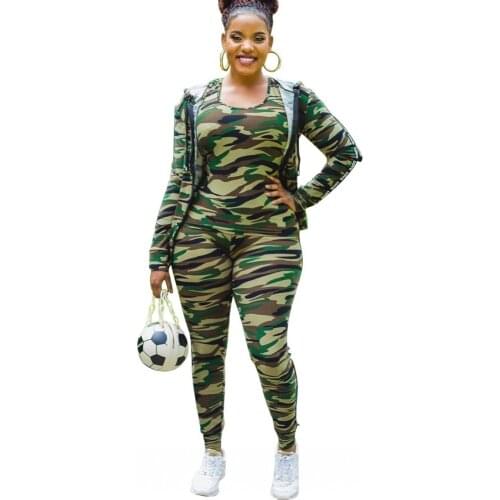 Three Piece Camouflage Suit Womens Fashioned Vest Top Long Sleeve Coat And Pantsuit Spring/Fall 2021 Ssportwear Stretch Green