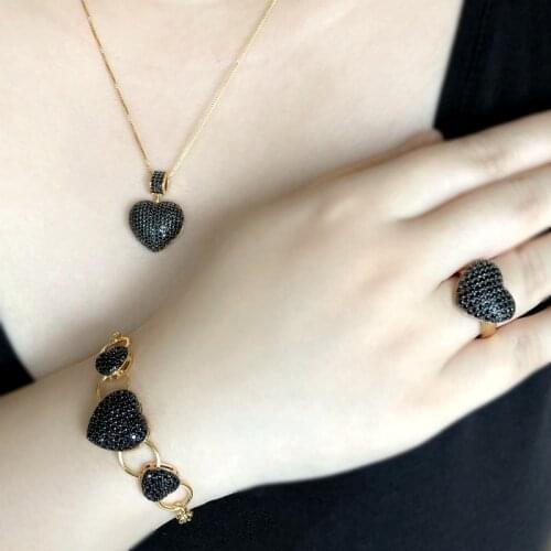 Luxury Heart jewelery sets For women Red zirconia Gold color Chain Necklace Bracelet Ring Bohemian Bridal wedding jewelry sets