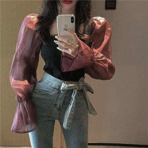 Woman Sweaters Pullover Autumn And Winter Lotus Leaf Sleeve Stitching Square Collar Short Knitted Women Sexy Top Femme Chandails