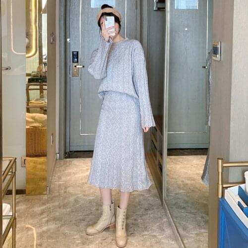 Knitwear Sweater Skirt Suit Elgenat Ladies 2 Piece Set High quality Korean Style O neck Pullovers & Skirt Womens Clothing 2021
