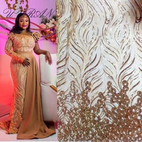 Gold French Net Lace Fabric with Sequins for Nigerian Wedding Dress Bridal Tulle Lace Fabric