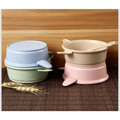 1SET Wheat Straw PP Plastic Tableware Rice Bowl with Spoon Wheat Straw Bowl Food Container Kitchen Accessories OK 0551