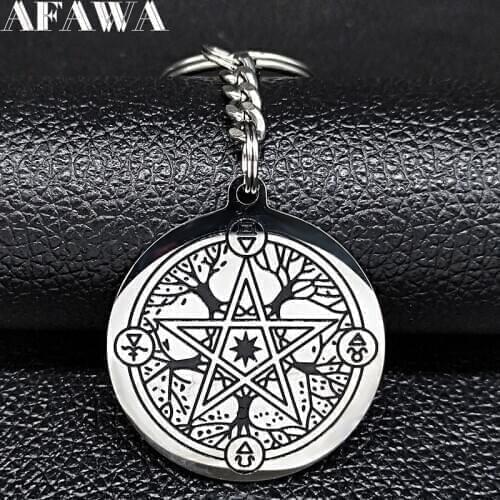 2021 Fashion Witchcraft Pentagram Tree of Life Stainless Steel Keychains Women Black Enamel Keyring Jewelry llaveros K77758B