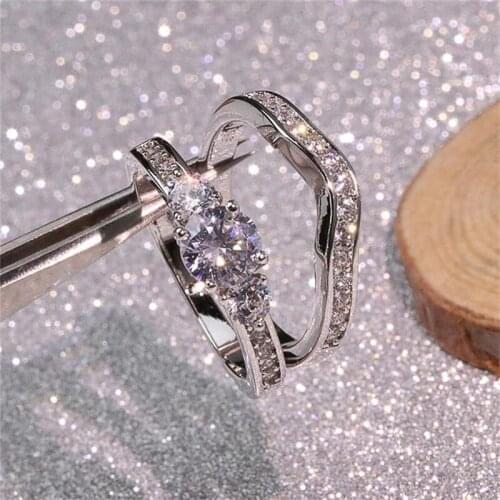 CAOSHI 2Pcs/Set Fashion Bridal Wedding Ring Set Shiny Crystal Zirconia Engagement Accessories Personality Jewelry Exquisite Gift