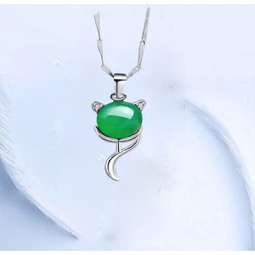 S925 Sterling Silver Natural Green Chalcedony Animal Clavicle Chain Simple Temperament Agate Little Fox Pendant