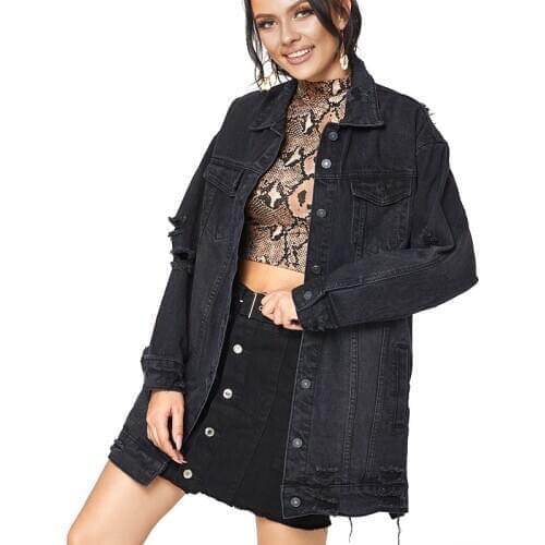 Black denim jacket ladies slim long coat slimming denim jacket ladies