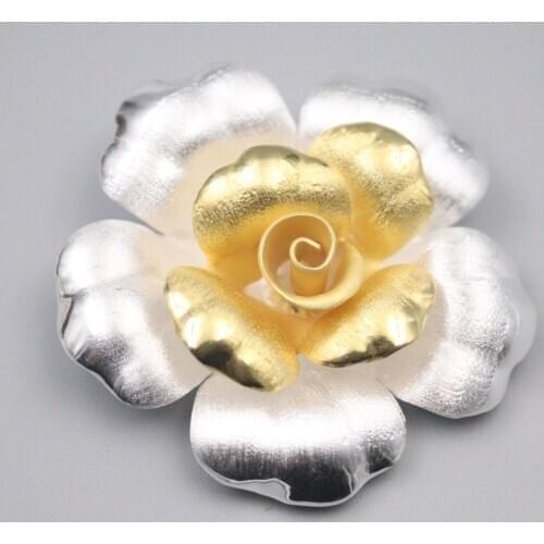 Pure 925 Sterling Silver Pendant 44x43mm Beautiful Gold Colour Flower Charms For Woman