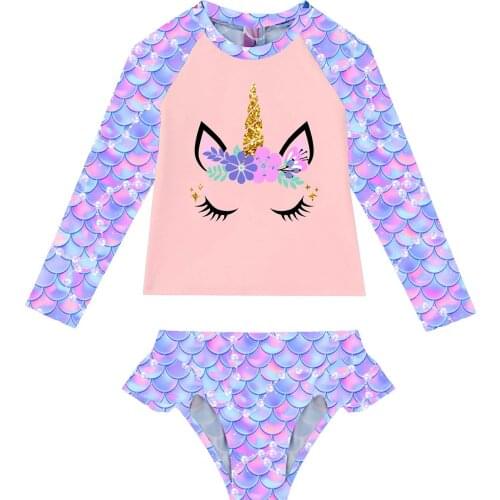 Kids Girls Summer Swimwear Beachwear Fish Scales Print Bathing Suit Swimsuits Round Neck Long Sleeves Print Tops and Briefs Set