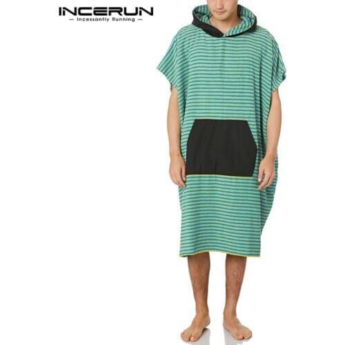 Leisure Big Pockets Breathable Homewear Men Casual Bathrobes Short Sleeve Hooded Nightgown Man Patchwork Sleep Robes 5XL INCERUN