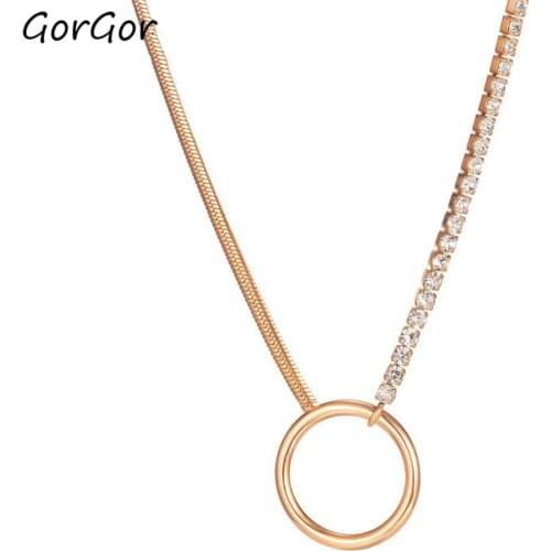 GorGor Necklace Women Stainless Steel Pattern Round Pendant Chain Cubic Zirconia Simplicity Temperament Fashion Jewelry TX-1756