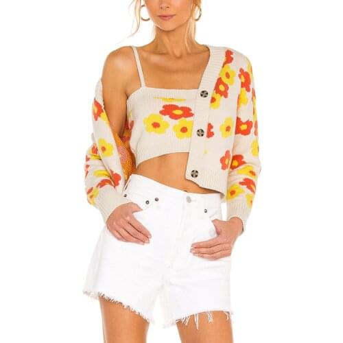 2021 New Autumn Cardigan Womens Cropped Cardigan Sexy Long Sleeve Button Down Floral Print Knit Sweater One Size Wear Winter