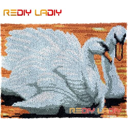 Latch Hook Rug Kits White Swans Love Seat Cushion DIY Carpet Rug Chunky Yarn Needlework Crochet Tapestry Knotted Floor Mat Arts