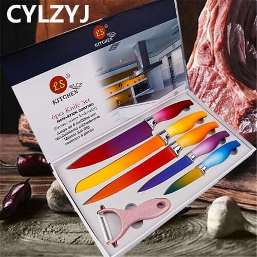 Stainless Steel Knife Set Slicing Fruit Chef Chopping Bread Utility Cutlery Knife Peeler 6 Piece Set Kitchen Gift Box Knife Set