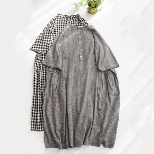 New short-sleeved summer dress comfortable loose Japanese cotton round collar dress