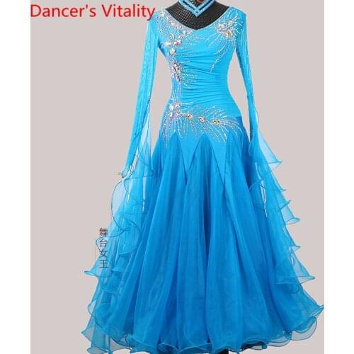 New Modern Dance Competition Costume Diamond Splicing Sleeve Dress Ballroom Waltz Jazz National Standard Dancing Performance Set