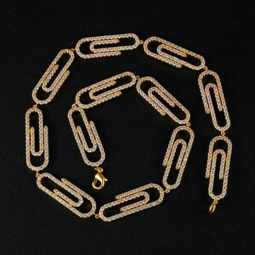 US7 10mm New Fashion Paper Clip Iced Out Cubic Zircon Pin Necklace Gold Silver Color Plated Cuban Hip Hop Jewelry For Men Women