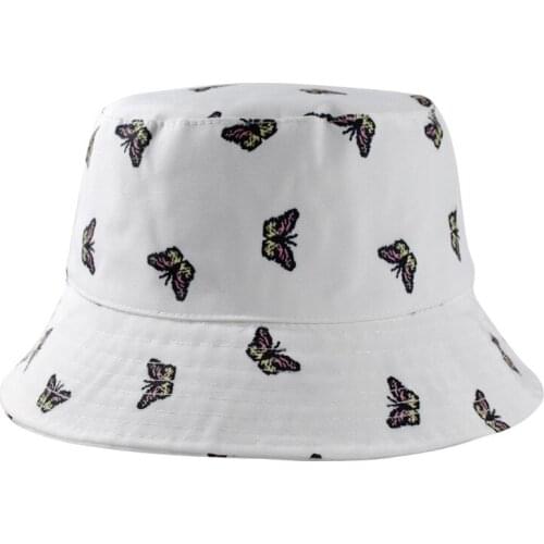Foldable Bucket-Hats Men Women White Harajuku Butterfly Printed Sunscreen Fisherman Cat Cotton Fashion Korean Unisex Panama Hat