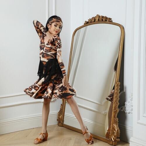 2020 Latin Dance Dress For Girls Long Sleeve Fringed Dress Kids Latin Practice Dress Cha Cha Rumba Samba Latin Dancewear DQS5771