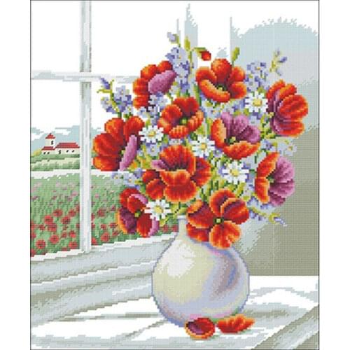 TOP Poppy vase by the window patterns Counted Cross Stitch 11CT 14CT 18CT DIYChinese Cross Stitch Kit Embroidery Needlework Sets