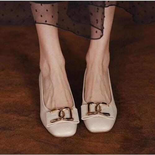 Women Low heels Dress Shoes Square Toe Boat Shoes Metal Ol Office Lady Shoes Shallow Woman Shoes Pumps Zapatos Mujer 9313G