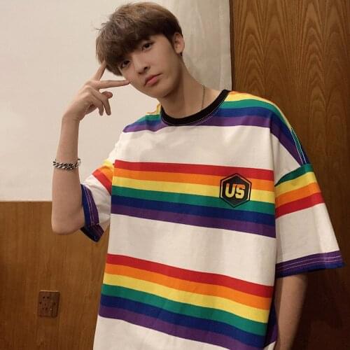 Rainbow Striped Short Sleeve T Shirts Streetwear 2021 Men Women Hip Hop Harajuku Casual Tees Male Fashion Tops Tshirts