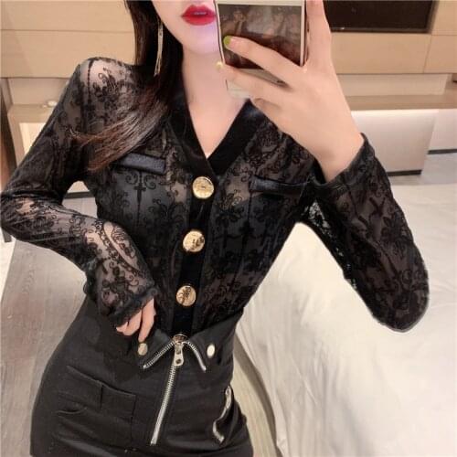 New design womens v-neck sexy long sleeve gauze lace patched velvet single breasted perspective t-shirt plus size ML