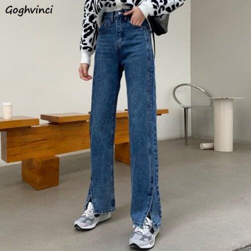 Side-split Wide-leg Jeans Women High Street Slim Students Empire Zipper-fly Denim Trousers Large Size S-4XL Straight Bottoms Ins