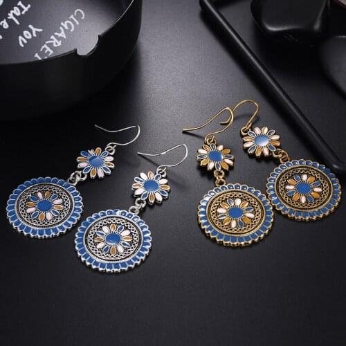 1pair Ethnic Flower Dangle Earrings Vintage Enamel Drop Hook Ear Studs Jewelry Gift