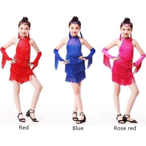 2017 Tassels Latin Dance Dresses Kids Samba Skirts Latin Dresses Ballroom 3color Girls Dance Costumes Latin Dance Dress for Kids
