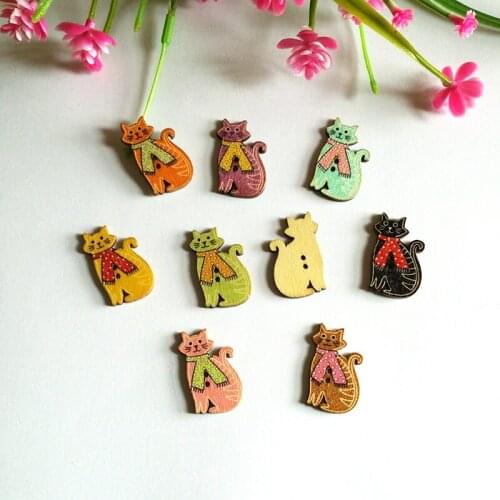 50Pcs/lot Multicolor Cat Botones 2 Holes mixed color Buttons Wood Sewing Scrapbooking sewing accessories decoration