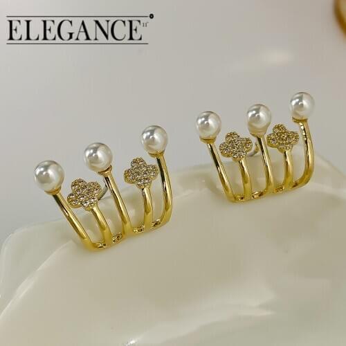 ELEGANCE11 Women Fashion Pearl Earrings Crown Shape Gold Metal Transparent Zircon Earrings Minimalist Accessories Exquisite Gift