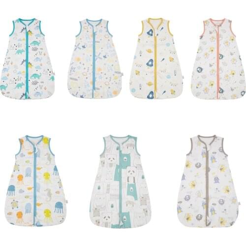 Faithtur Cute Baby Vest Sleeping Bag with Cartoon Rpint Smooth Double Zippers Summer Thin Swaddles 7 Colors