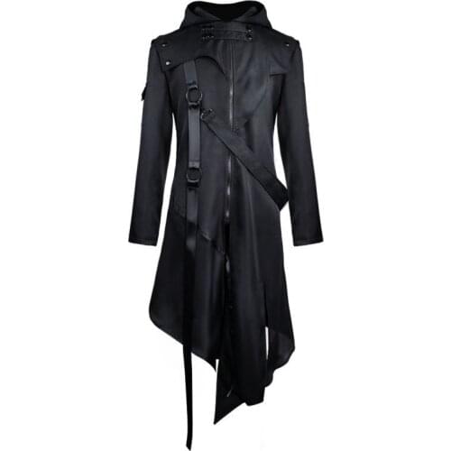 Spring and Autumn Gothic Dark Mens Cloak Coat Hooded Lace Locomotive Street Parkour Long Jacket Men