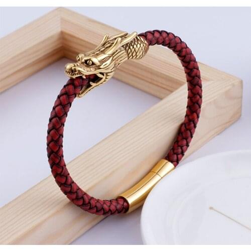 HAOLYNJOY Dragon Charm Bangles For Men 22cm Gold Stainless Steel Red Leather Rope Bracelets Personality Punk Jewelry