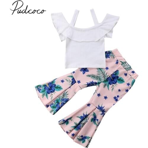 2018 Brand New Toddler Infant Kid Girl Strap Off Shoulder Top+Floral Flared Pants 2Pcs Set Outfits Children Summer Clothing 1-6T