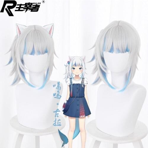 Anime hololive Gawr Gura Cosplay Gawr Gura Wig White Mixed Bule Long Hair Ponytail Woman Girl Loli Wig Anime Props