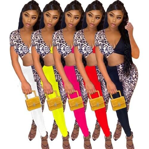 Sexy Patchwork Leopard Sets Deep V Neck Crop Top and Long Pants Two Pieces Club Outfit Women Summer Bodycon Suits 2021 Clothes