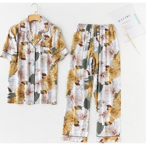 Pajamas two-piece suit home service spring and summer womens cardigan short-sleeved trousers lapel thin section pijama new