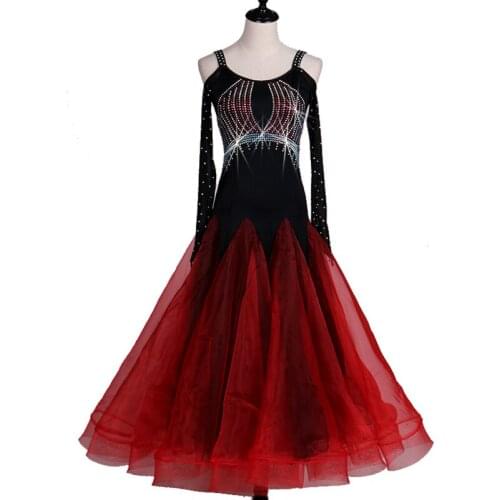 Modern dance dress ballroom dress off shoulder long sleeve Organza dress decorated with rhinestones costumes