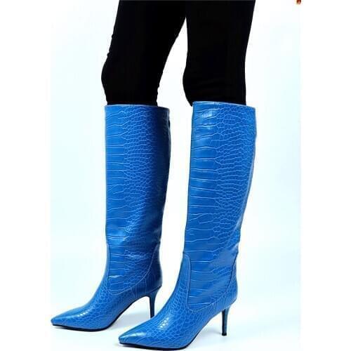 Brand High Heels Western Boots Fashion Knee High Boots Woman Microfiber Black High Heel Long Boots Pointed Toe Autumn Boots 43