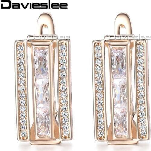 Davieslee Stud Earrings For Women Rectangle Paved Cubic Zirconia 585 Rose Gold Filled Fashion Jewelry LGE130