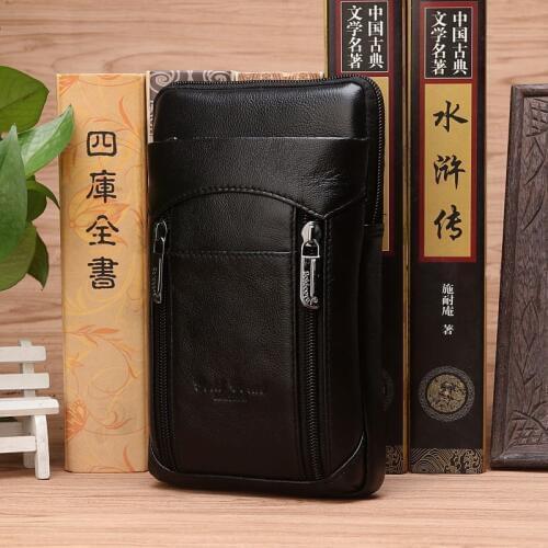 Mens Real Cowhide Cell Phone Case Cigarette Waist Bag Purse Hook Bum Casual Belt Hip Fanny Pack Genuine Leather Shoulder Bags