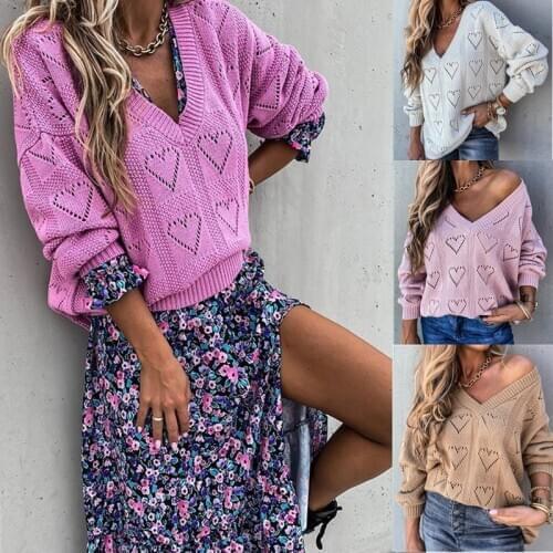 Women V Neck Casual Solid Color Sweater Long Sleeve Hollow Out Heart Shape Ribbed Knitted Sweaters Outfits Comfortable Texture
