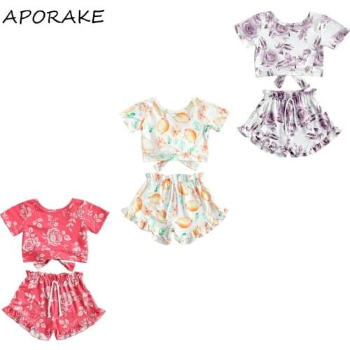 2021 0-5Y Sweet Infant Girl Clothing Summer Flower/Fruit Print Short Sleeve Round Neck Bowknot Crop Top+Ruffle Drawstring Shorts