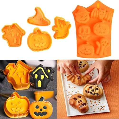 Halloween Decoration Pumpkin Ghost Bat Silicone Cookies Mold Plastic Cookies Cutter Fondant Baking Mould Cake Decorating Tools