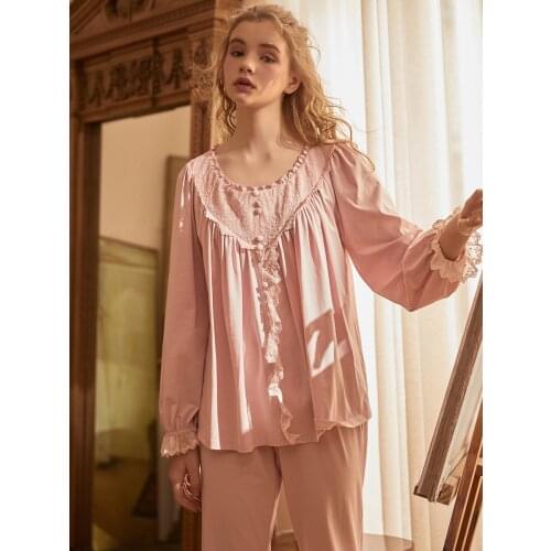 Vintage Cotton Womens Pajamas Sets Spring Autumn Long Sleeve Royal Sleepwear Girls Lovely Night Suits Comfortable Nightwear
