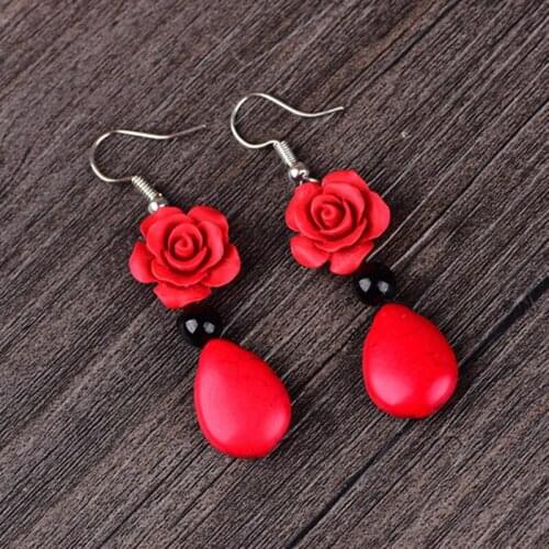 Vintage Red Rose Drop Earrings For Female Rose Gold Color Statement Dangle Earrings Wedding Jewelry