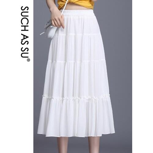 SUCH AS SU Summer Black White Chiffon Skirt Women High Waist Solid Elastic Large Size Female A Line Mid-Long Big Swing Skirt