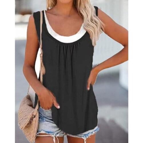 Womens T-Shirt Casual Elegant Tank Tops Women Sleeveless Summer O-Neck T-shirts Fake 2-piece Loose Round Neck T-shirt